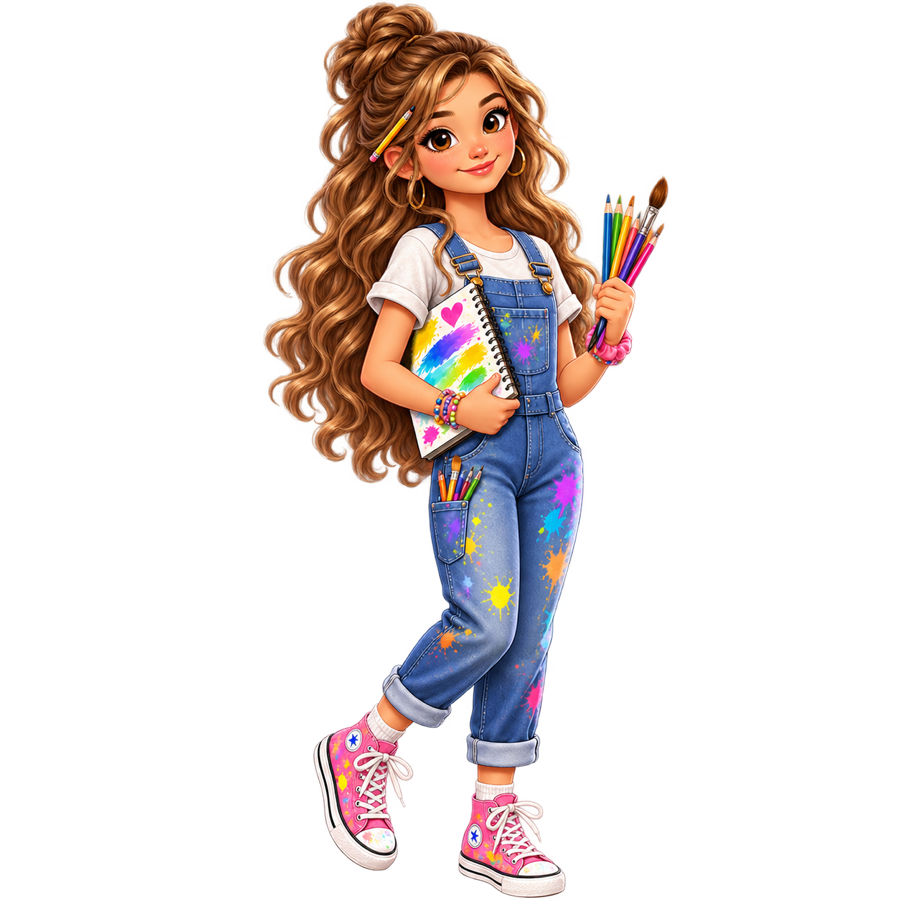 Illustration of Rosalyn Dearing in paint-splattered overalls holding a sketchpad and colored pencils